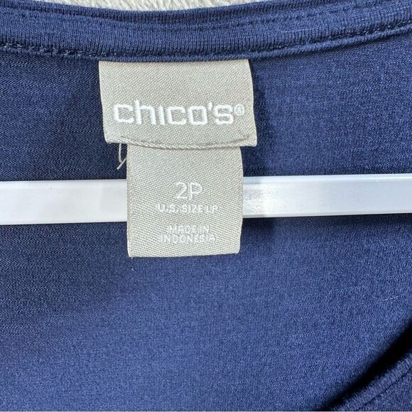 Chico’s Lightweight Tunic Side Mesh Inserts Navy Blue Rayon Spandex Sz LP (2P) - Picture 2 of 7